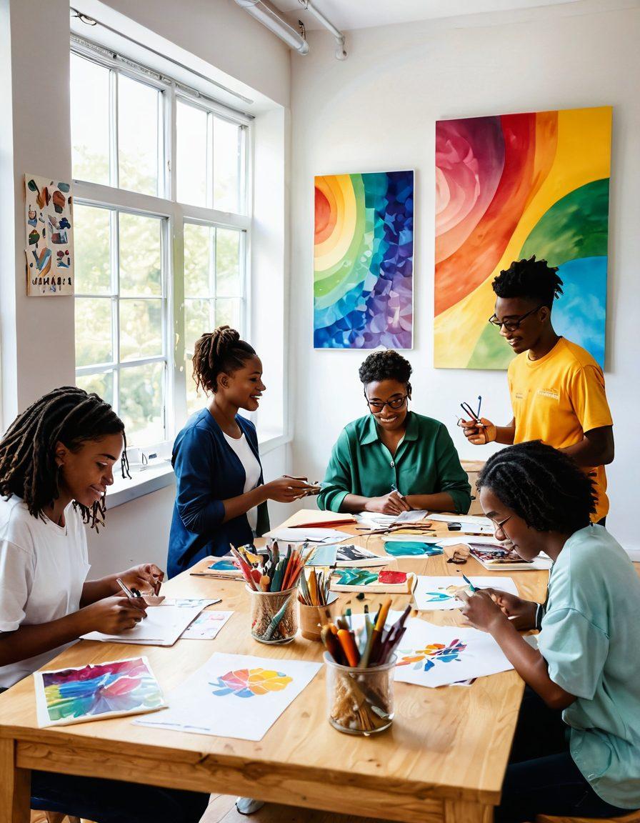 A vibrant and welcoming scene depicting diverse individuals engaging in creative activities within a community space. Colorful art supplies, collaborative workshops, and a backdrop of inspiring artwork showcase the essence of creativity. Warm sunlight bathes the surroundings, symbolizing growth and positivity. The atmosphere is filled with joy and exploration, highlighting the journey of self-discovery and collaboration. super-realistic. vibrant colors. white background.