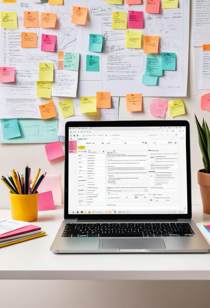 A dynamic workspace filled with Myeir tools, showcasing a laptop with engaging blog post drafts on the screen, surrounded by colorful sticky notes and brainstorming sketches. Include a cup of coffee, a light bulb for inspiration, and vibrant charts illustrating content engagement. The atmosphere should exude creativity and collaboration. super-realistic. vibrant colors. white background.
