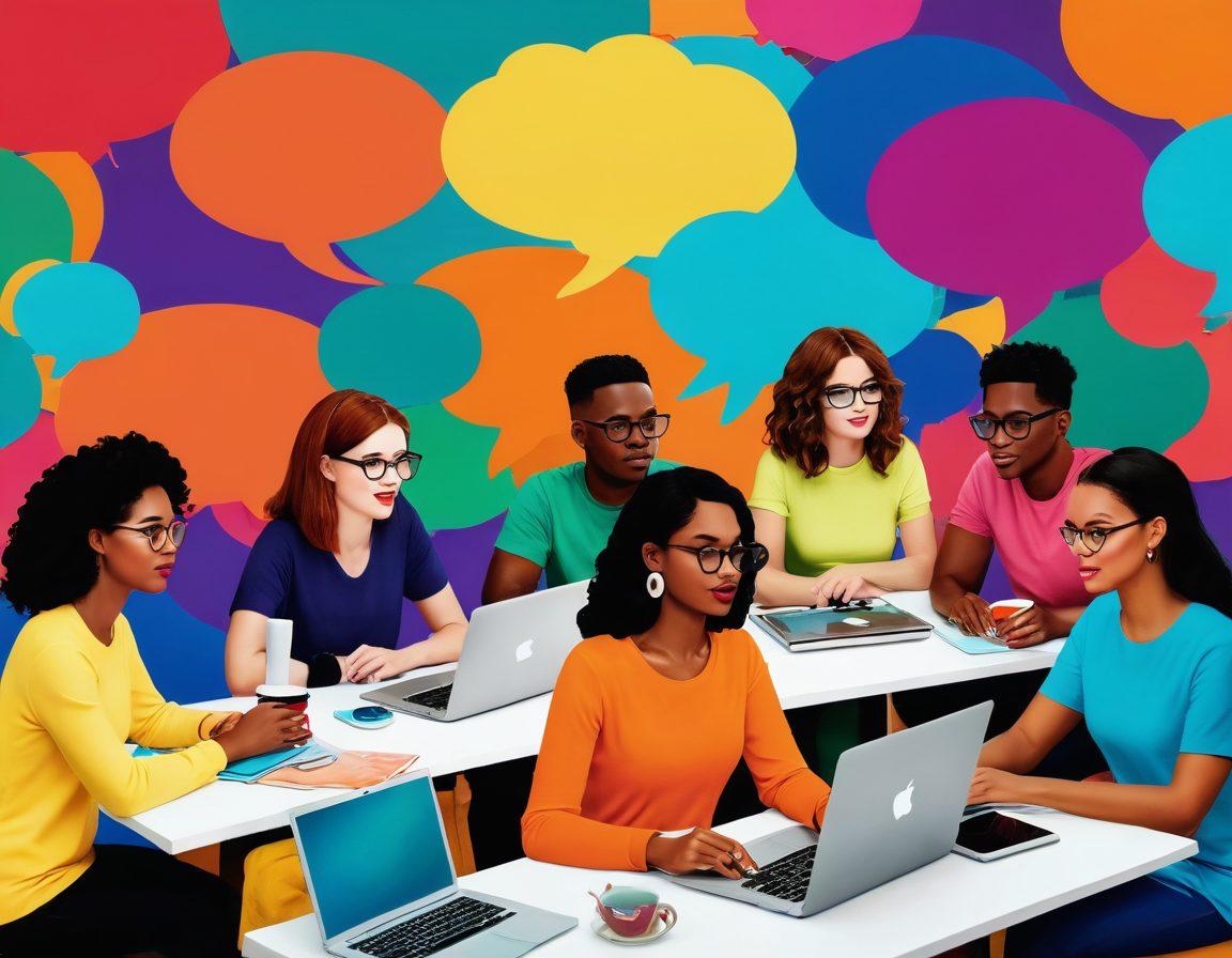 A vibrant illustration of a diverse group of bloggers passionately discussing ideas around a table, with colorful speech bubbles representing their voices and thoughts. The background features a lush digital landscape symbolizing the thriving Myeir Blogging Community, with elements like laptops and coffee mugs scattered around. Bright and engaging colors to reflect creativity and collaboration. super-realistic. vibrant colors. 3D.